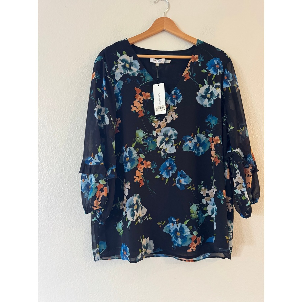 Calvin Klein Floral V-Neck Ruffle Sleeve Chiffon Blouse Top XL Black Blue NWT